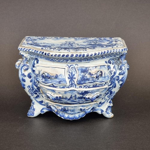 1354 - A rare Dutch Delft miniature commode, mark of Antonius Pennis, De Twee Scheepjes Pottery, 10cm high ... 