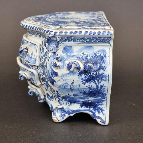 1354 - A rare Dutch Delft miniature commode, mark of Antonius Pennis, De Twee Scheepjes Pottery, 10cm high ... 