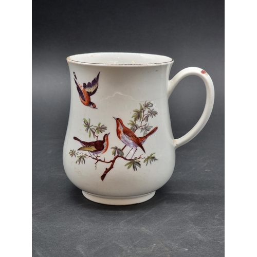 1355 - A Chelsea Red Anchor period baluster mug, painted with birds and butterflies, 14cm high, (a.f.).... 