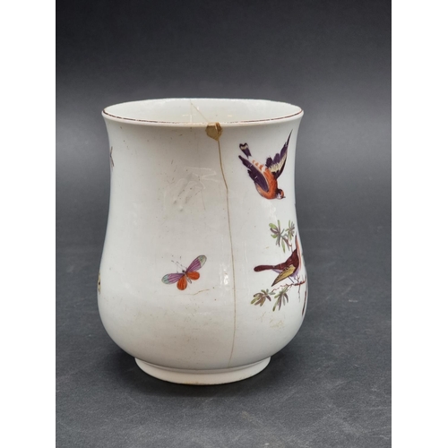 1355 - A Chelsea Red Anchor period baluster mug, painted with birds and butterflies, 14cm high, (a.f.).... 