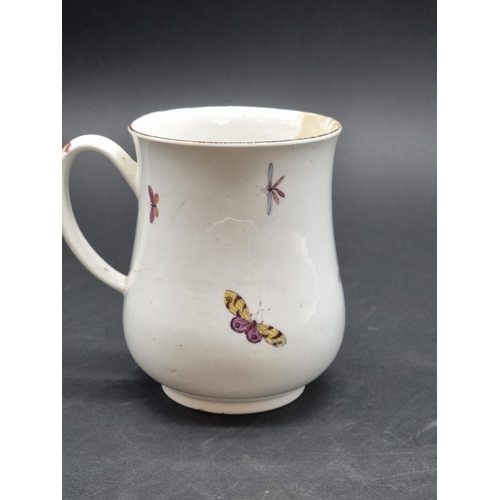 1355 - A Chelsea Red Anchor period baluster mug, painted with birds and butterflies, 14cm high, (a.f.).... 