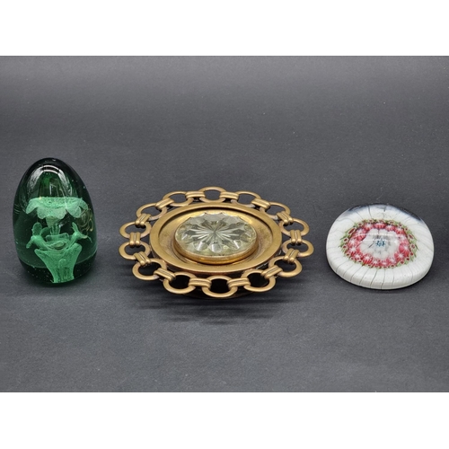 1362 - A Victorian brass and faceted glass mount, 15.5cm diameter; together with a green glass dump paperwe... 