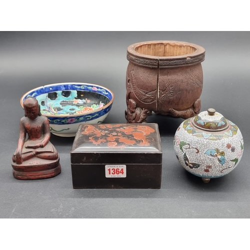 1364 - A mixed group of Oriental items, to include a bamboo brush pot, 16.5cm high. (5)... 