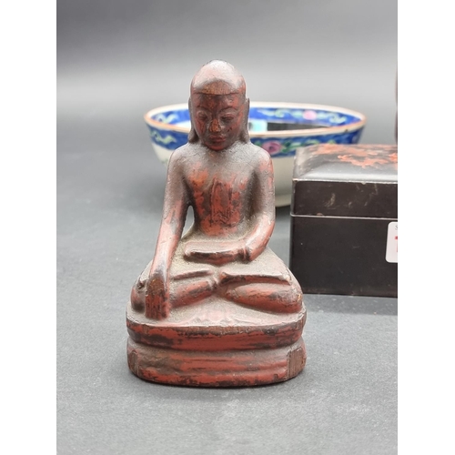 1364 - A mixed group of Oriental items, to include a bamboo brush pot, 16.5cm high. (5)... 