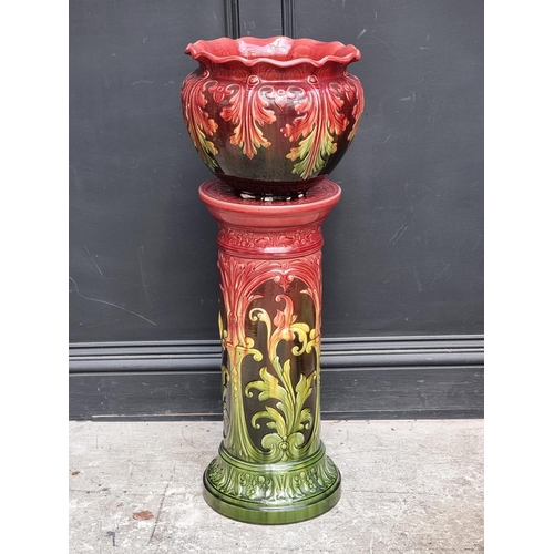 1378 - A Leeds Art Pottery majolica jardiniere and pedestal, 93.5cm high.