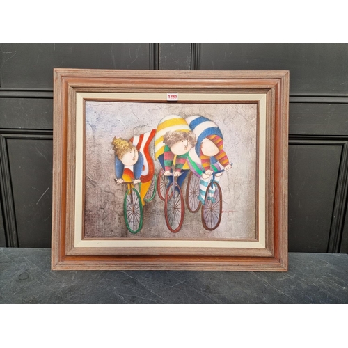 1280 - Joyce Roybal, children on bicycles, signed, oil on canvas, 39.5x 50cm.