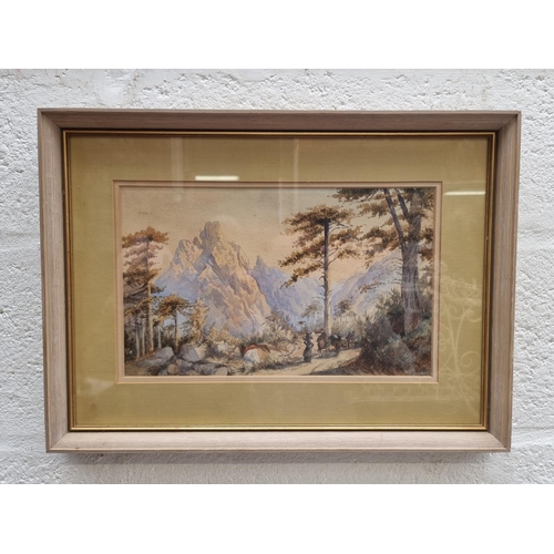 1305 - British School, 19th century, figures on an Alpine pass, indistinctly signed, watercolour, 21 x 35cm... 