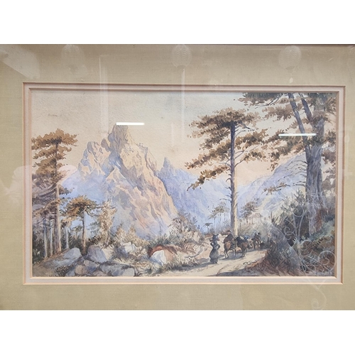 1305 - British School, 19th century, figures on an Alpine pass, indistinctly signed, watercolour, 21 x 35cm... 