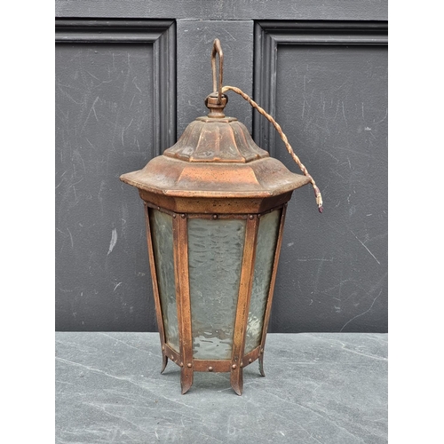 1639 - A small copper hexagonal ceiling lantern, 37cm high.