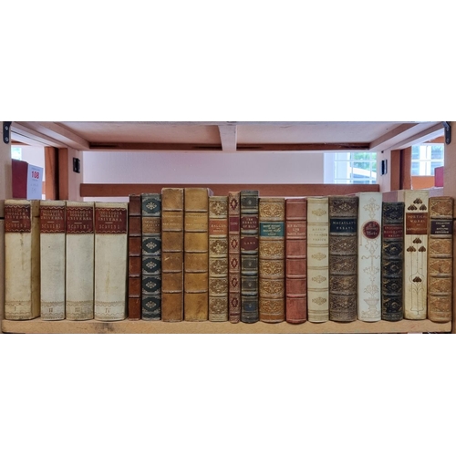 108 - BINDINGS: a group of 19 calf, vellum and morocco bindings over one shelf, all 19thc publications, go... 