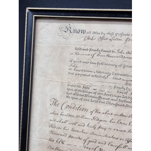 159 - OBLIGATION BOND: printed document with manuscript entries, dated 5th November 1736, signature a... 