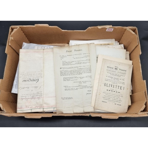 234 - MISCELLANEOUS EPHEMERA: a quantity in one box, to include some vellum documents, periodicals, p... 