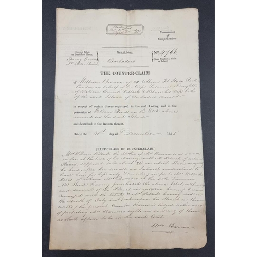 63 - COMPENSATION FOR BARBADOS SLAVES: printed form with manuscript entries, dated 31st December 183... 