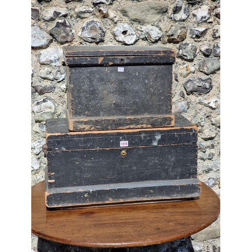 1115 - Two antique ebonised pine tool chests, largest 64.5cm wide.