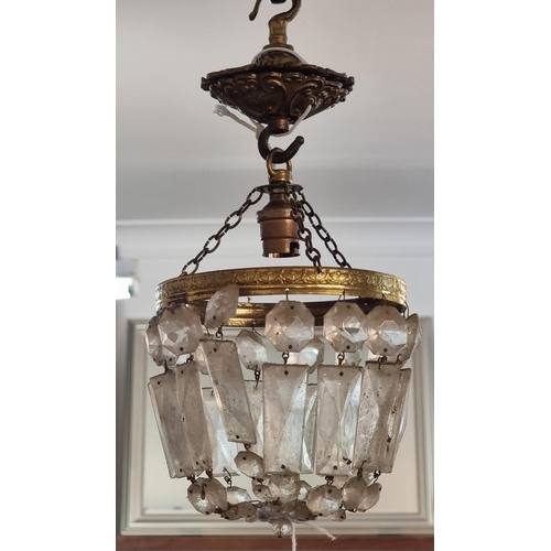 1641 - An old brass and faceted bead bag chandelier, with ceiling rose, total height approx. 35cm.... 