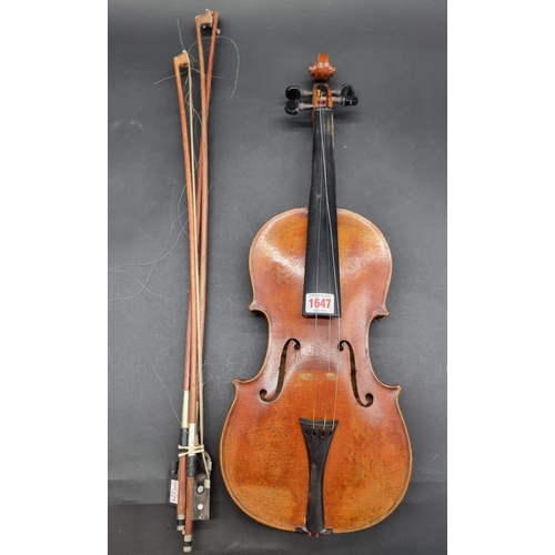 1647 - An antique Continental violin, with 14in two-piece back, with three various bows. (4)... 