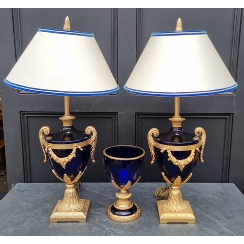 1657 - A pair of large blue glass and gilt brass table lamps, total height 82cm; together with a similar ur... 