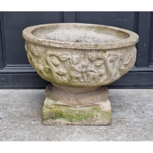 1659 - A large composition stone pedestal urn, 58cm high x 76cm diameter.