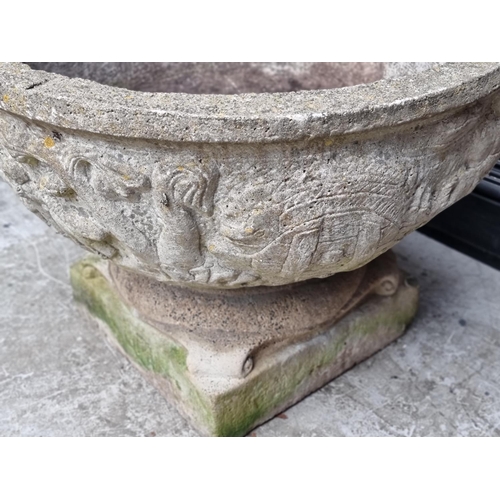 1659 - A large composition stone pedestal urn, 58cm high x 76cm diameter.