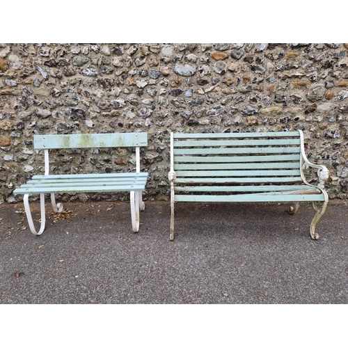 1662 - An aluminium and painted wood slat garden bench, 125cm wide, (the slats a.f.); together with another... 