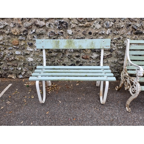 1662 - An aluminium and painted wood slat garden bench, 125cm wide, (the slats a.f.); together with another... 