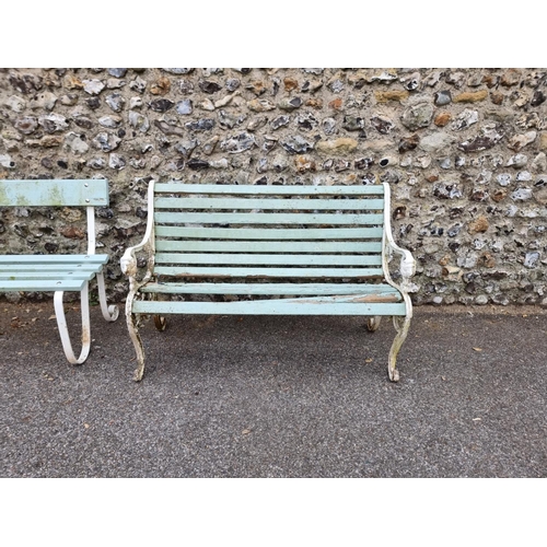 1662 - An aluminium and painted wood slat garden bench, 125cm wide, (the slats a.f.); together with another... 