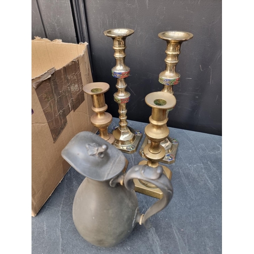 1683 - A pair of Victorian brass and enamel candlesticks, 29.5cm high; and other various metalware.... 