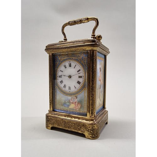 1653 - A good late 19th century brass and porcelain carriage clock, the painted dial inscribed 'Examd by Lu... 