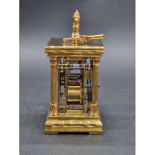 1145 - A good and large late 19th century French brass carriage clock, striking on a gong, height including... 