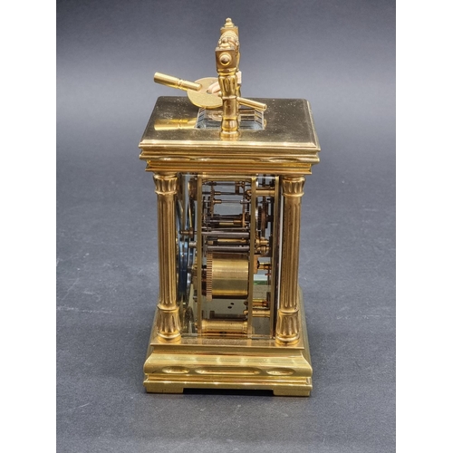 1145 - A good and large late 19th century French brass carriage clock, striking on a gong, height including... 