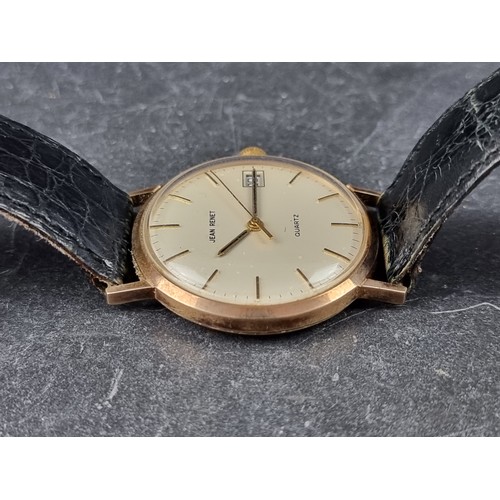 365 - A vintage Jean Renet 9ct gold quartz wristwatch, 33m, Ref. 19253, on black leather crocodile strap.... 