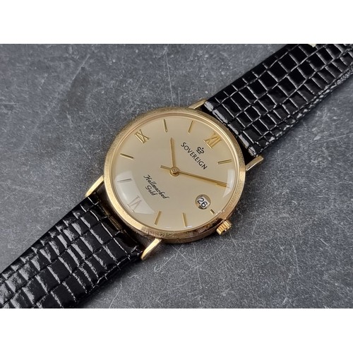 367 - A Sovereign 9ct gold quartz wristwatch, 30mm, on black leather lizard strap, with original box and p... 