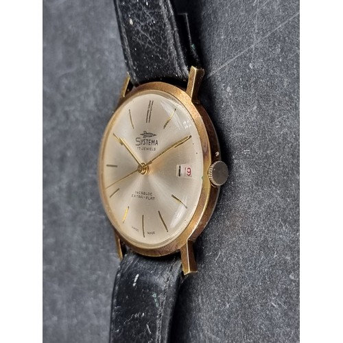 370 - A 1960s Systema 'Extra-Flat' gold tone stainless steel manual wind wristwatch, 34mm, on black leathe... 