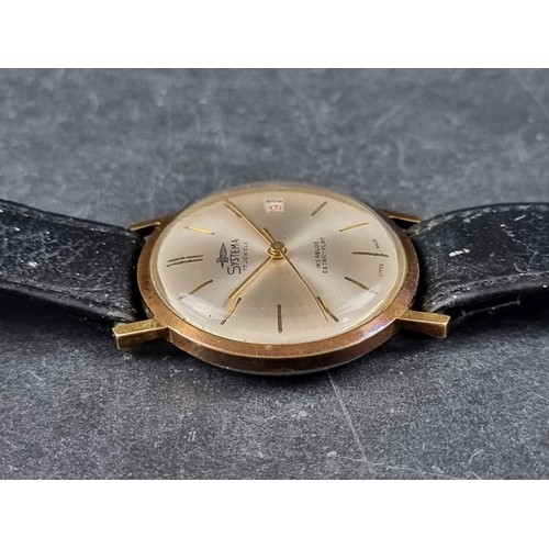 370 - A 1960s Systema 'Extra-Flat' gold tone stainless steel manual wind wristwatch, 34mm, on black leathe... 