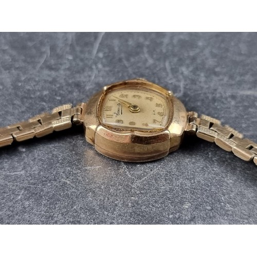 385 - A vintage Everite 9ct gold manual wind ladies wristwatch, 17mm, on rolled gold bracelet.... 