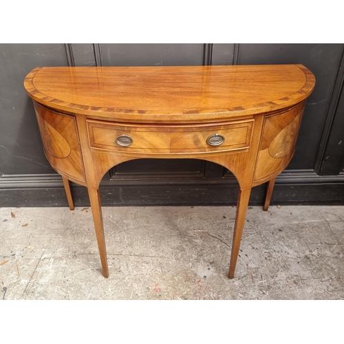 1024 - A small circa 1900 mahogany, crossbanded and line inlaid demi-lune sideboard, 113.5cm wide.... 