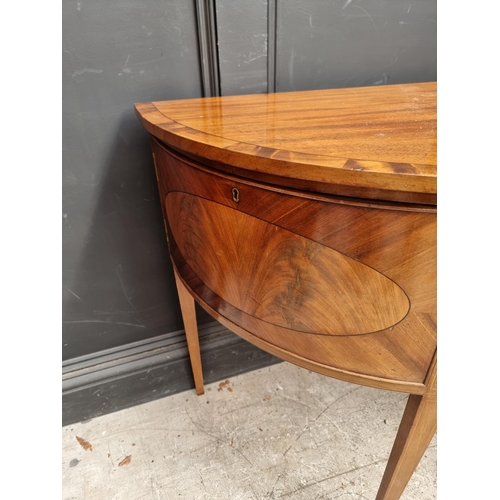 1024 - A small circa 1900 mahogany, crossbanded and line inlaid demi-lune sideboard, 113.5cm wide.... 