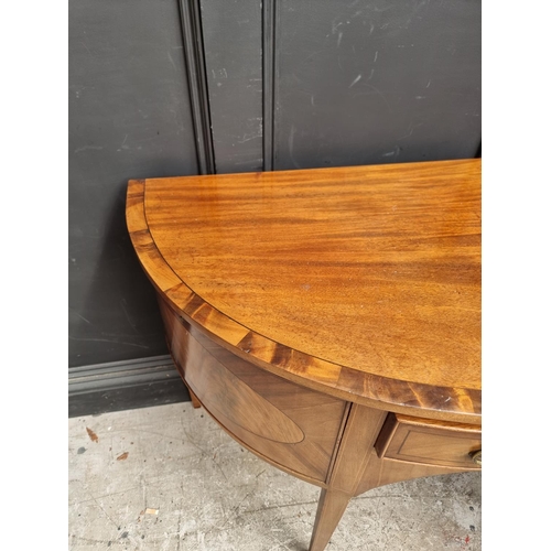 1024 - A small circa 1900 mahogany, crossbanded and line inlaid demi-lune sideboard, 113.5cm wide.... 