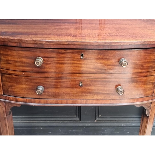 1068 - A small and unusual George III mahogany, line inlaid and satinwood crossbanded demi-lune sideboard, ... 