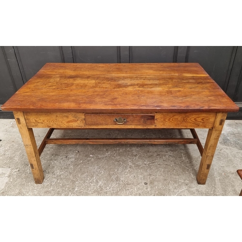 1072 - An old yew and pitch pine kitchen table, with frieze drawer, 153cm wide.