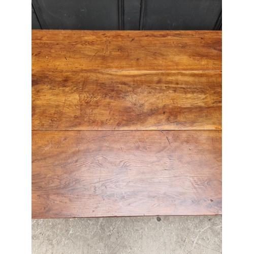 1072 - An old yew and pitch pine kitchen table, with frieze drawer, 153cm wide.