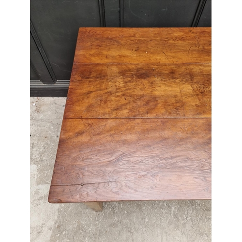 1072 - An old yew and pitch pine kitchen table, with frieze drawer, 153cm wide.