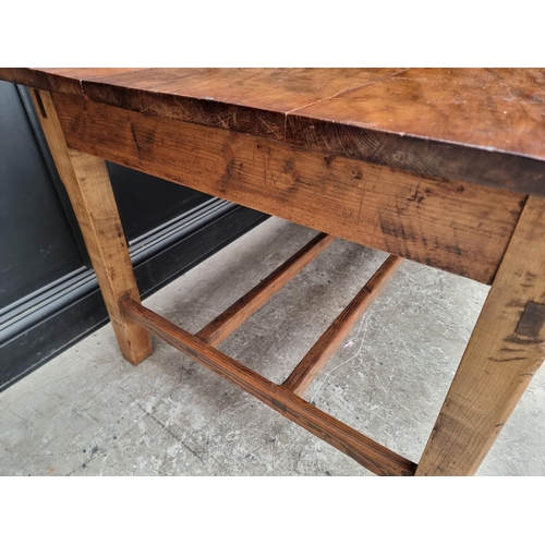 1072 - An old yew and pitch pine kitchen table, with frieze drawer, 153cm wide.