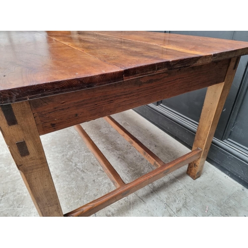 1072 - An old yew and pitch pine kitchen table, with frieze drawer, 153cm wide.