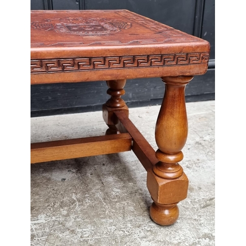 1095 - A Peruvian mahogany and embossed leather rectangular low occasional table, probably by Angel Pazmino... 