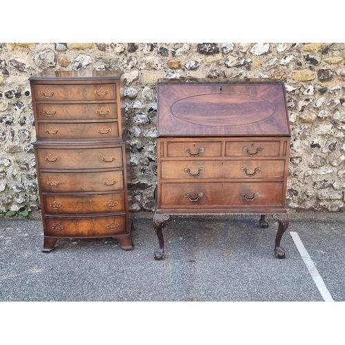 1103 - A 1920s mahogany bureau, 76cm wide; together with a small reproduction walnut chest on chest, 54cm w... 