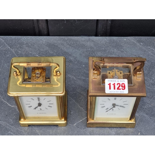 1129 - Two brass carriage timepieces, by H Samuel, largest 15cm high.