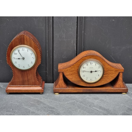 1131 - A circa 1900 mahogany and chequer strung mantel timepiece, 23.5cm high; together with a 1920s oak an... 