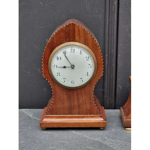 1131 - A circa 1900 mahogany and chequer strung mantel timepiece, 23.5cm high; together with a 1920s oak an... 