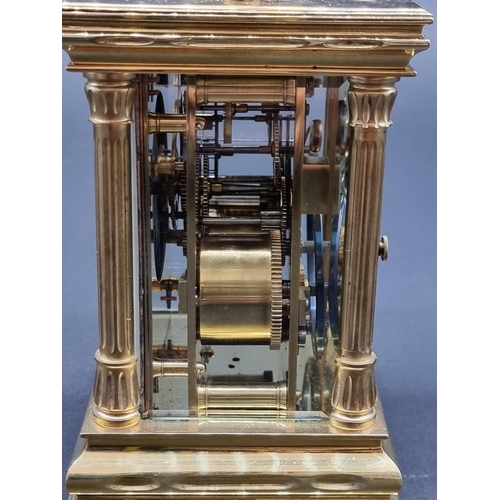 1145 - A good and large late 19th century French brass carriage clock, striking on a gong, height including... 